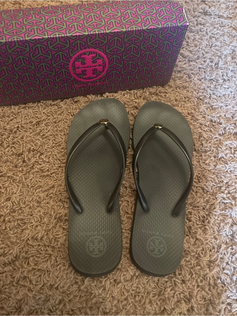 Tory Burch Black Logo Flip Flop Sandals size 9